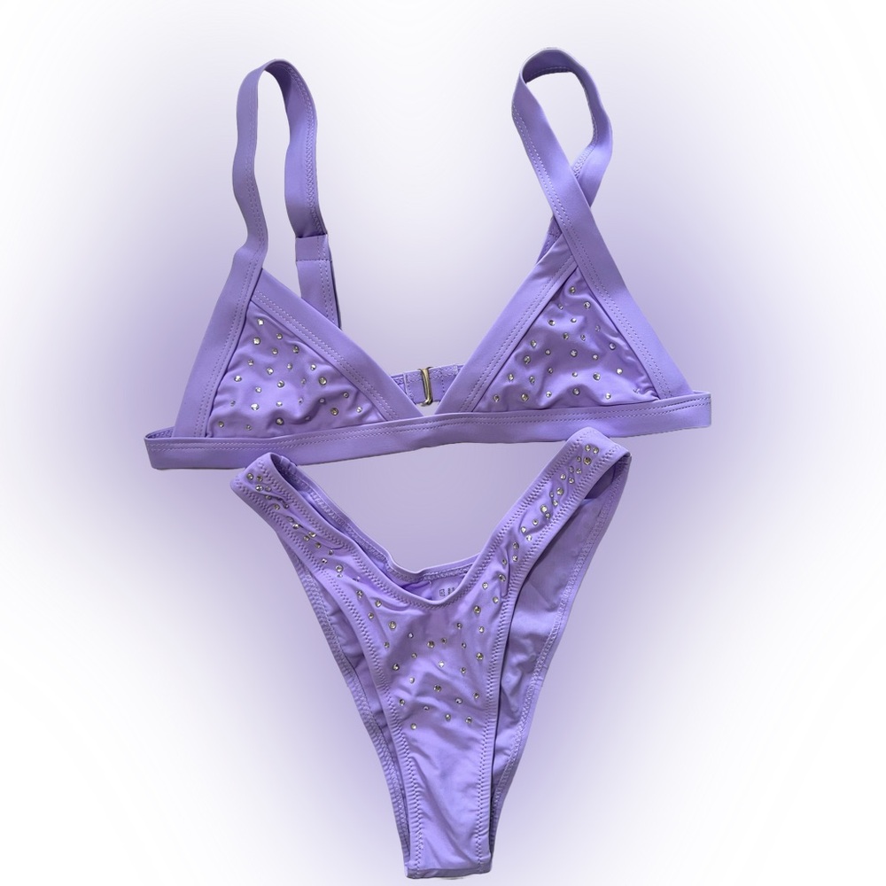 Lavender Rhinestone Triangle High Cut Cheeky Bikini Set - Picture 2 of 11